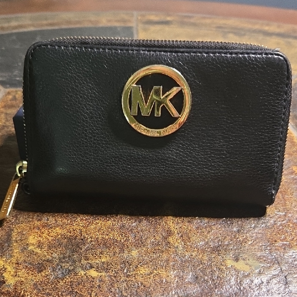 Michael Kors Black Leather Wallet with Gold Logo